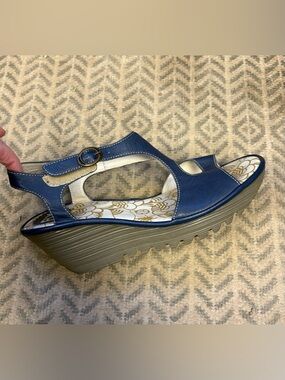 Fly London Navy Blue Leather Wedge Sandals